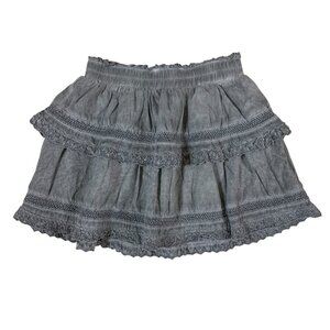 KatieJ NYC Gray Ruffle Mini Skirt S Boho Lace Tiered Soft Stretch‎ Cottagecore